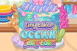 Bunter Ozean-Jelly-Kuchen mit Muscheln, Korallen und der Aufschrift „tiny baker ocean jelly cake