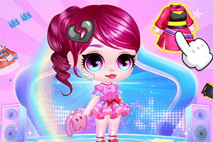 Cartoonhaftes Mädchen mit pinken Haaren auf einer bunten Bühne, daneben ein Outfit-Symbol mit Handcursor