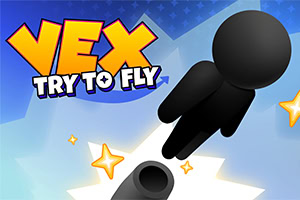 Schwarze Strichfigur fliegt über einen grauen Kanonenlauf vor blauem Himmel mit „VEX TRY TO FLY-Schriftzug und Sternen
