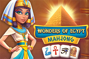 Ägyptische Königin neben einer Pyramide und Mahjong-Spielsteinen mit dem Text Wonders of Egypt Mahjong