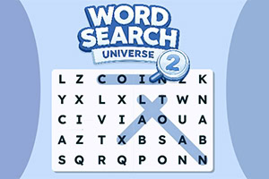 Logo „Word Search Universe 2 über einem Buchstabengitter mit Lupe auf blauem Hintergrund