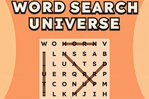 Orangefarbenes Logo mit der Aufschrift „WORD SEARCH UNIVERSE über einem Buchstabensuchrätsel und einer diagonalen Lupe