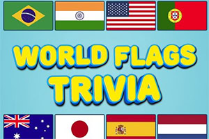 Bunte Flaggen mehrerer Länder mit dem Text WORLD FLAGS TRIVIA auf blauem Hintergrund