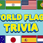 World Flags Trivia Bunte Flaggen mehrerer Länder mit dem Text WORLD FLAGS TRIVIA auf blauem Hintergrund