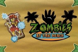 Comicartiger Zombie-Aufkleber und Logo „Zombies at the Beach“ auf sandfarbenem Hintergrund